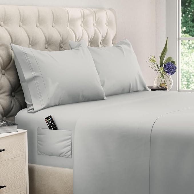 DREAMCARE California King Sheet Sets - 6 pcs Breathable Cooling Bed Sheets - up to 15" Deep California King Sheets with Side Pockets -Extra Soft 100% Brushed Hypoallergenic Hotel Luxury Bedding L-Gray
