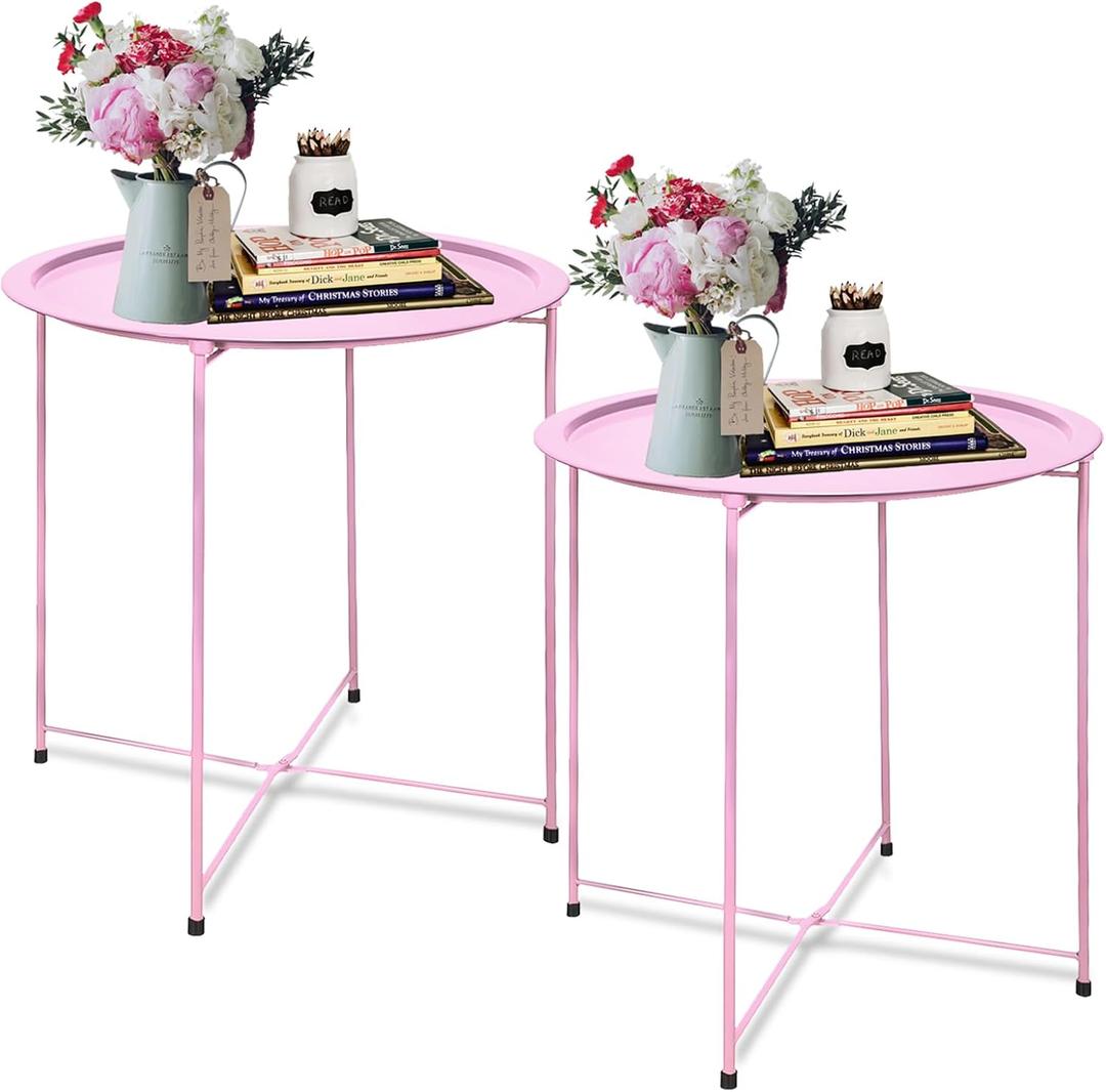 Garden 4 you End Table 2 PCS Metal Side Table Pink Round Folding Tray Cyan Sofa Small Accent Fold-able Table, Round End Table Tray, Next to Sofa Table, Snack Table for Living Room and Bed Room, Pink