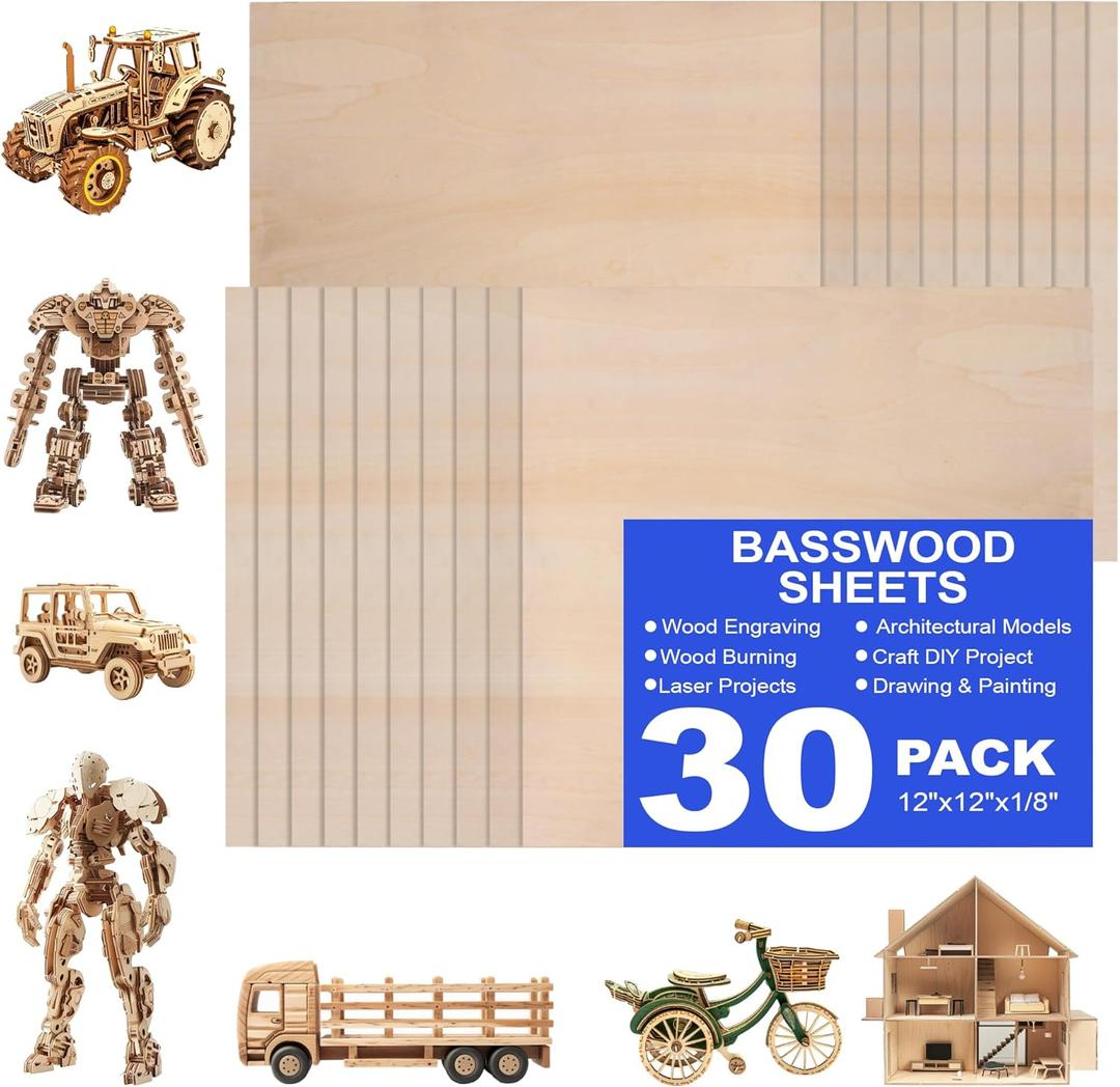 30 Pack 12"x12"x1/8" Basswood Sheets for Crafts,3mm Craft Wood Plywood,Unfinished Wood,for DIY Ornaments and Model Engraving,Wood for Laser Cutting,Architectural Models,Drawing,Wood Burning