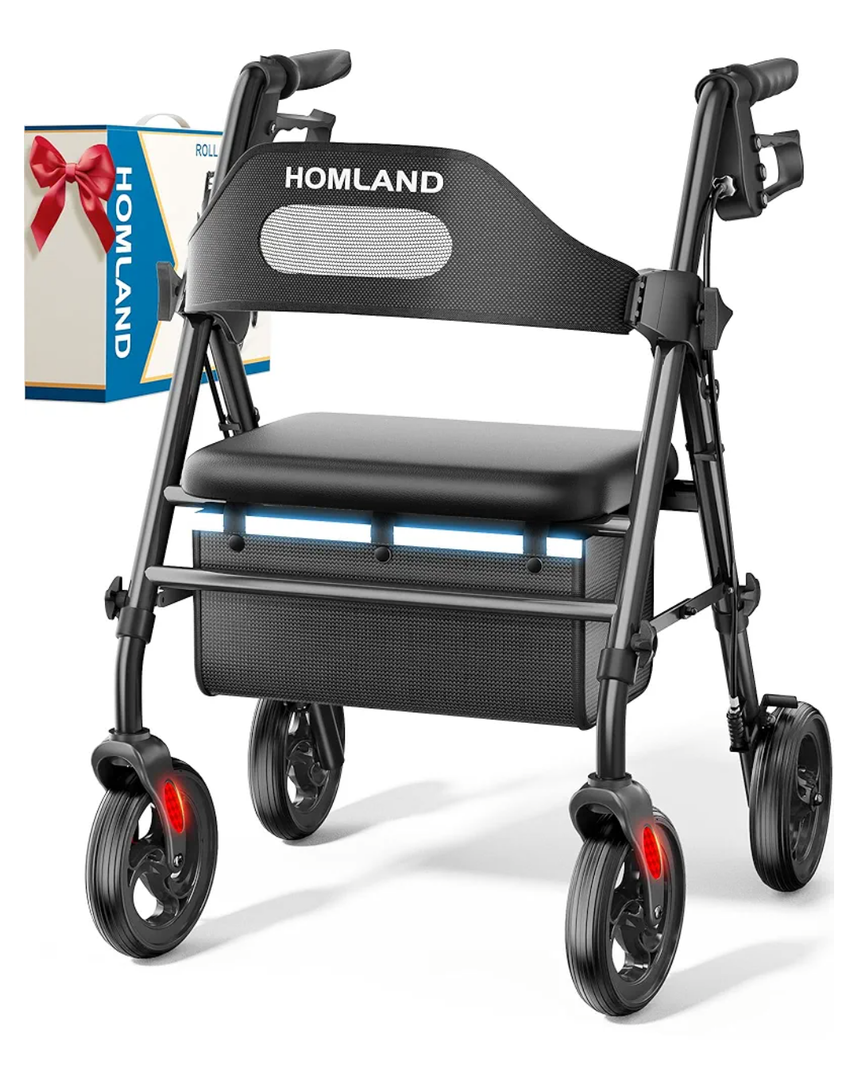 Foldable Rollator Walkers with Seat for Seniors, 8'' Big Wheels, 350 lb. Weight Capacity, Adjustable Handles and Seat Height, Lightweight Rolling Walker, Black