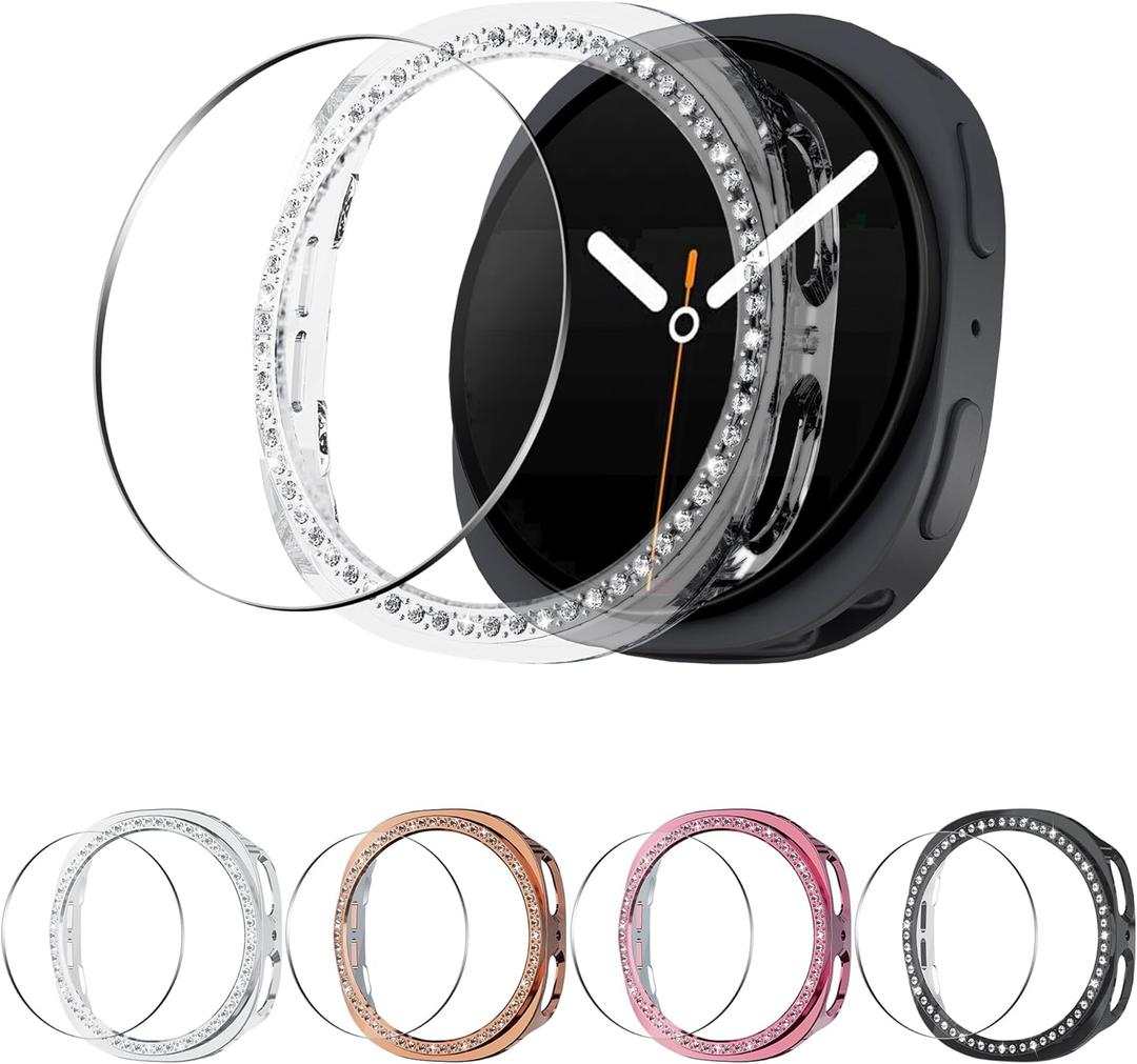 Seltureone 5+5 Pack Bling Case for Samsung Galaxy Watch 8 40mm Screen Protector, Hard PC Bumper Cover with Tempered Glass, All-around Shiny Rhinestone Case for Samsung Watch 8 40mm Only (Clear+Silver+Rose Gold+Pink+Black)