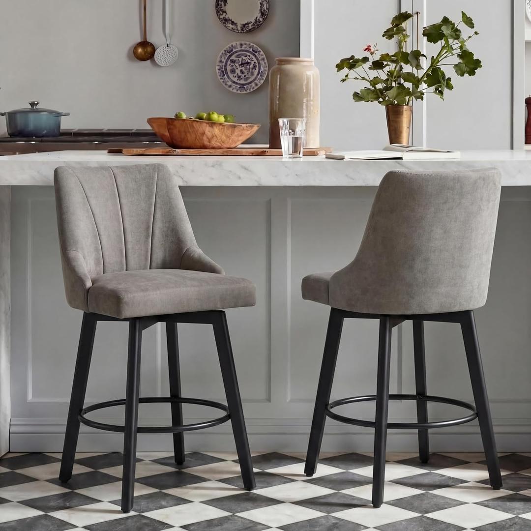 24" Counter Height Bar Stools Set of 2, Swivel Bar Stools with Backs, Fabric Upholstered Counter Barstools with Solid Wood Legs for Kitchen Island,Grey