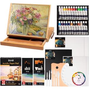 DJAR 49 pcs Acrylic Paint Set with Tabletop Easel Box, 24 Acrylic Paint Colors, Sketchbook, Painting Pads, and Complete Acrylic Art Supplies Kit for Adults, Teens, and Beginners