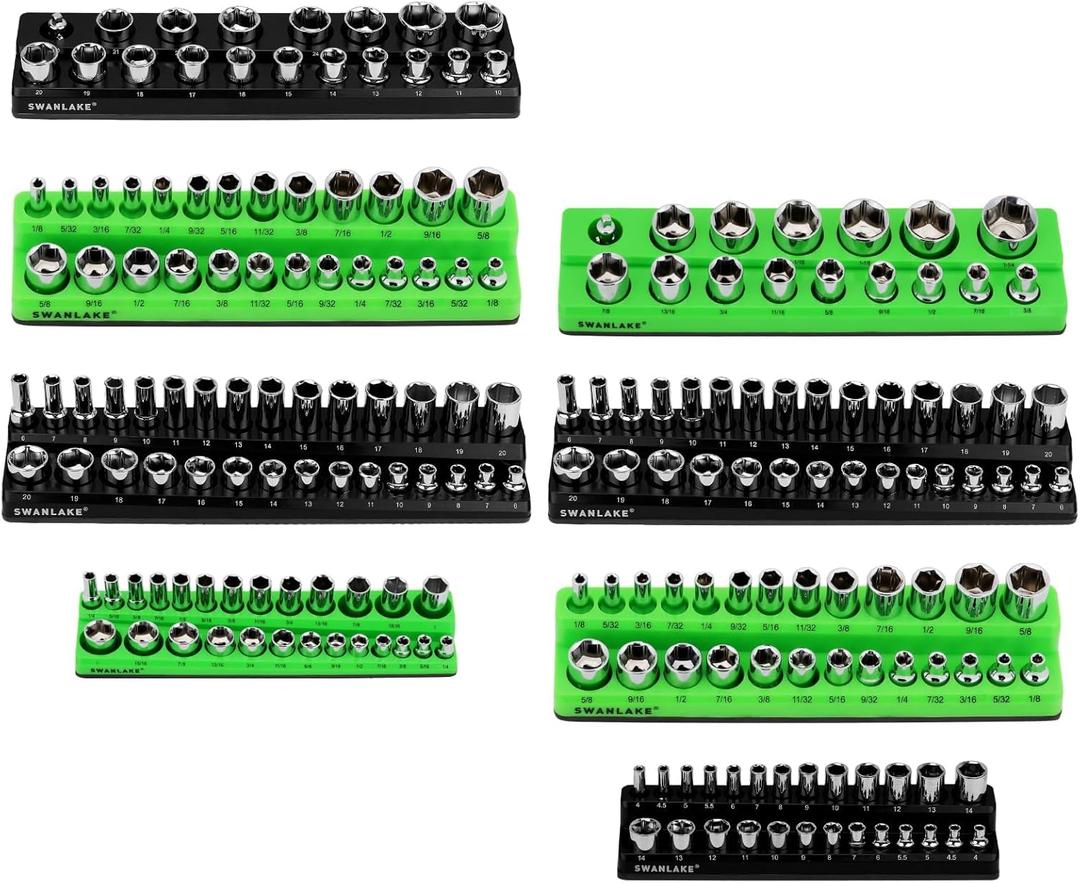 Magnetic Socket Organizer Holder Tool: 8PCS Set includes 2PCS 1/4", 4PCS 3/8", 2PCS 1/2" Drive Socket Storage Trays Toolboxs, Holding 199 Slots Soft Rubber Covering Black Green (sockets not included)