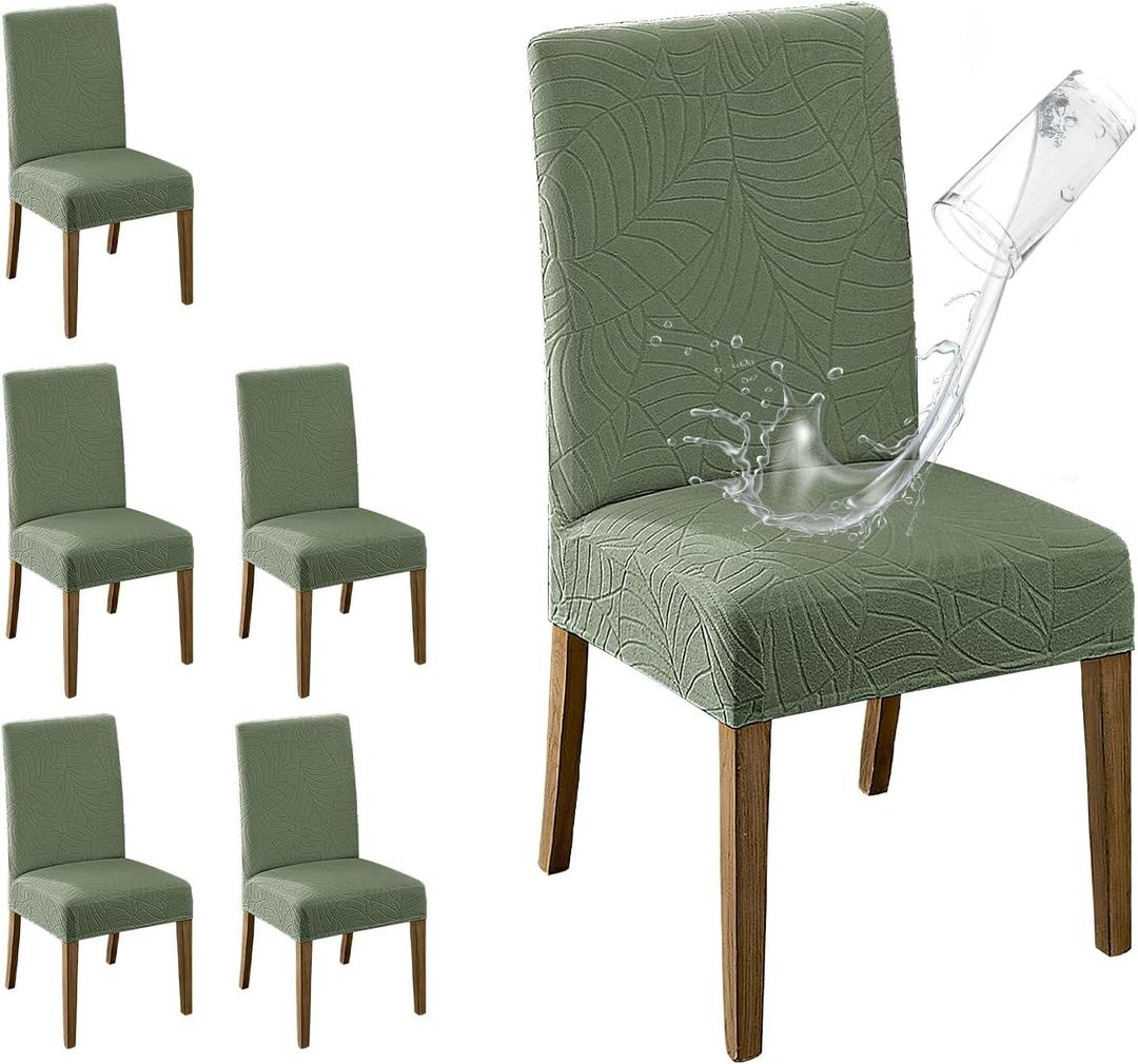 MOSAYT 100% Waterproof Dining Room Chair Covers Set of 6, Super Fit Stretch Jacquard Parson Chairs Slipcovers Removable Washable Chair Seat Protectors for Home, Kitchen, Banquet (Green - XL)