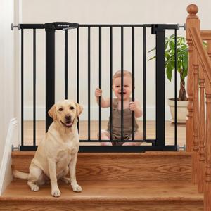 Mumeasy 29.7-40.6" Baby Gate for Stairs, Auto Close Dog Gate for Doorways, Pressure Mounted No Drill Pet Gate with Easy Walk Thru Door, Double Lock, Black