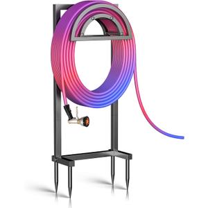 OLV Hose Holder Holds 150-ft Water Pipe, Outdoor Freestanding Heavy Duty Water Hose Holder Reel with 4 Spikes, Detachable Metal Hose Storage Stand Hanger Rack for Outside Yard Lawn Farm, Black