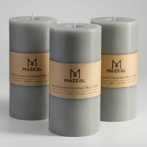 MOZEAL 3" x 6" Hand-Poured Unscented Candle,Dripless Pillar Candle Set of 3,Long Lasting Burning,Approx 120 Hours Burn Time,Rustic Country Style,for Wedding,Dinner,Christmas and Home Decor,Gray