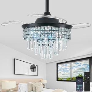 Smart Crystal Fandelier with APP Control, 36" Retractable Ceiling Fan Light - Dimmable LED Chandelier Fan, Silent Copper Motor & K9 Crystal Design for Bedroom/Living Room (9306-Black)