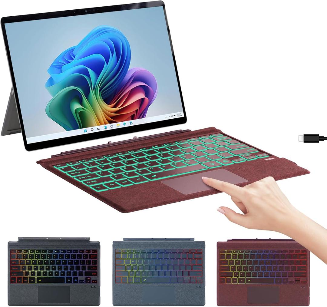 Aulaiiex Microfiber Leather Keyboard for Surface Pro 7+/7/6/5/4/3, Wireless Keyboard Type Cover with Palm Rejection Touchpad, TypeC Charging, 7Color Backlight for Microsoft Surface Pro