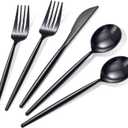 Rubtlamp 90Pcs Plastic Black Silverware, Black Disposable Cutlery, Plastic Utensils Heay Duty include 30 Plastic Knives 60 Plastic Black Forks and Spoons, Black Cutlery For Halloween Decorations
