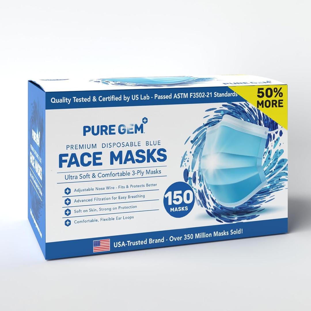 2 x PURE GEM [Pack of 150] Single Use Disposable Blue Face Mask, Soft on Skin, 3-ply Masks Facial Cover with Elastic Earloops Great For Home, Office, School, and Outdoors