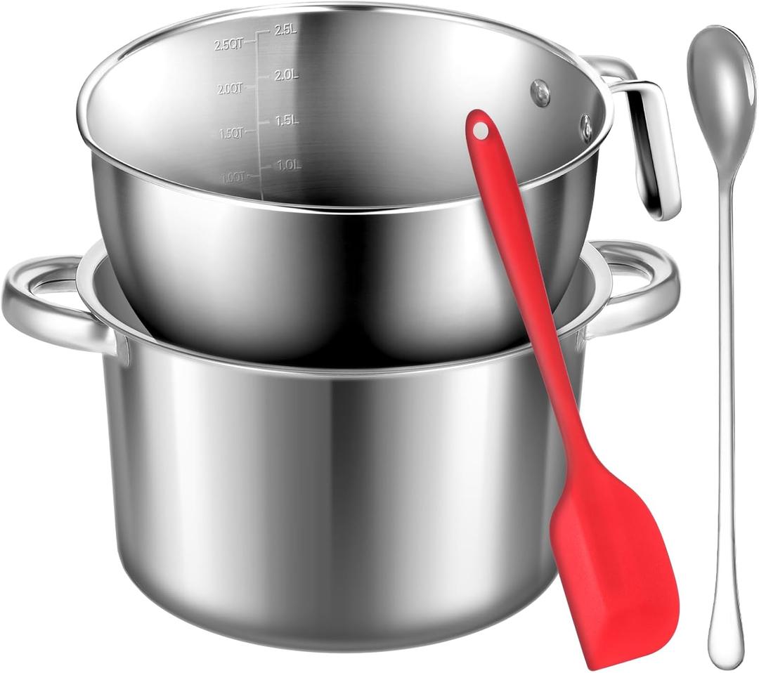 304 Stainless Steel Double Boiler with Spatula and Spoon, 4.2QT Dual-Handle Pot 2.6QT Melting Bowl with Scale and Handle Stackable Water Bath Melting Pot Set for Chocolate, Butter, Sugar, Wax