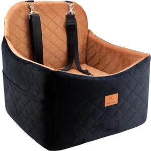 Dog Car Seats for Small/Medium Dogs, FurFrolic Memory Foam Dog Booster Seat for Small Dogs up to 35 lbs, Travel Pet Car Seat with Washable Detachable Cover, Storage Pockets, 2 Safety Belt, Black Brown