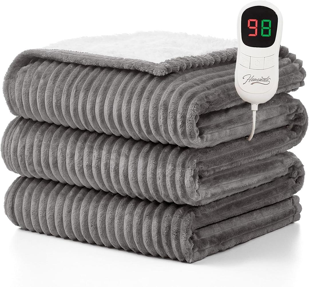 Homemate Heated Blanket Electric Throw - 50"x60" Heating Blanket Throw 1/2/4/6/8 Hours Auto-Off 10 Heat Levels Over-Heat Protection Soft Flannel Sherpa Heater ETL Certification