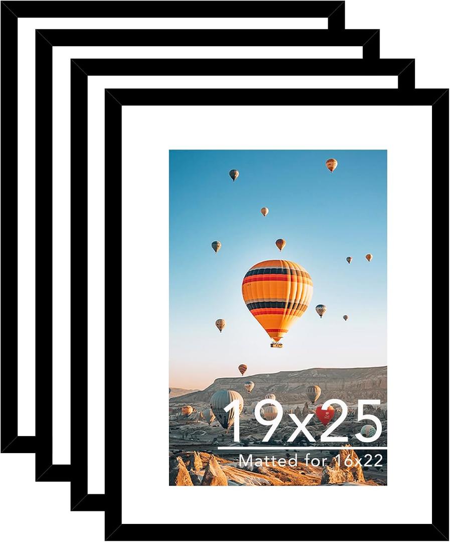 JCJMY 19x25 Picture Frame with 16x22 Mat Set of 4, Display Photo 16x22 with Mat or 19 x 25 Without Mat, Wall Hanging Large 19 by 25 Poster Frame with Plexiglass, 4 Pack, Black