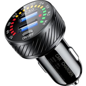 KEWIG Car Charger, 36W Fast Car Charger Adapter, Dual USB Car Fast Charge with Colorful Voltmeter & ON/Off Switch