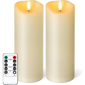 NURADA Outdoor Flameless Candles with Remote Timer - Waterproof Tall Realistic Flickering LED Pillar Electric Battery Operated Fake Candle for Home Wedding Fireplace Decor - Ivory 2 Pack (8" 8")