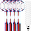 Meooeck 12 Pcs Badminton Rackets Set for Adults and Teenagers Badminton Set with 12 Pcs Nylon Shuttlecocks for Backyard Gym Beach Outdoor Games, Red, Purple and Blue, 26 x 8"
