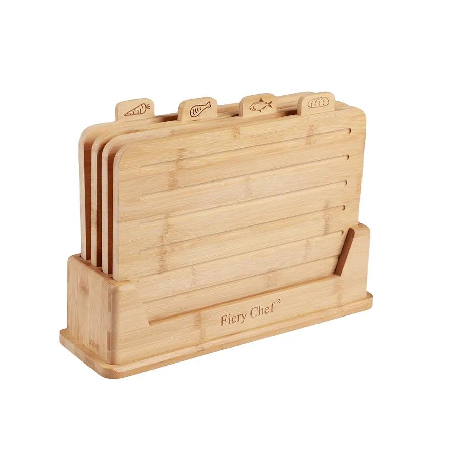 12.6"L x 9"W Bamboo Cutting Board Set of 4 - Wood Cutting Board Set with Holder, Chopping Boards Set with Food Icons, Juice Groove - Ideal for Meat, Fish, Bread, Vegetable, Fruit Chopping