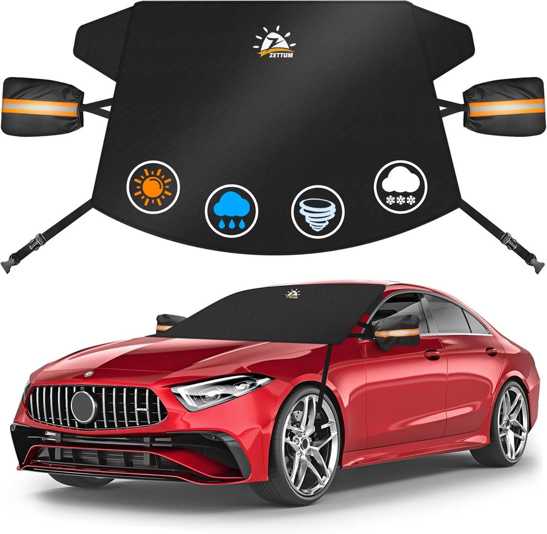Zettum Car Windshield Cover for Ice and Snow - 600D Windshield Snow Cover with Side Mirror Cover Heavy Duty, Standard Winter Frost Hail Protector for Most Car, Truck, SUV, Van and MPV (70 x 50 Inch)
