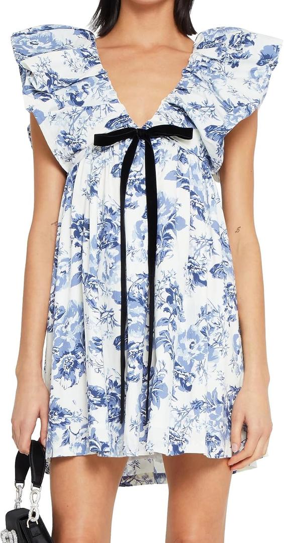 3 x Women's Floral Bow V Neck Babydoll Mini Dress Flower Print Puffy Sleeve Boho Short Casual Loose Flowy Dresses (Blue, S)