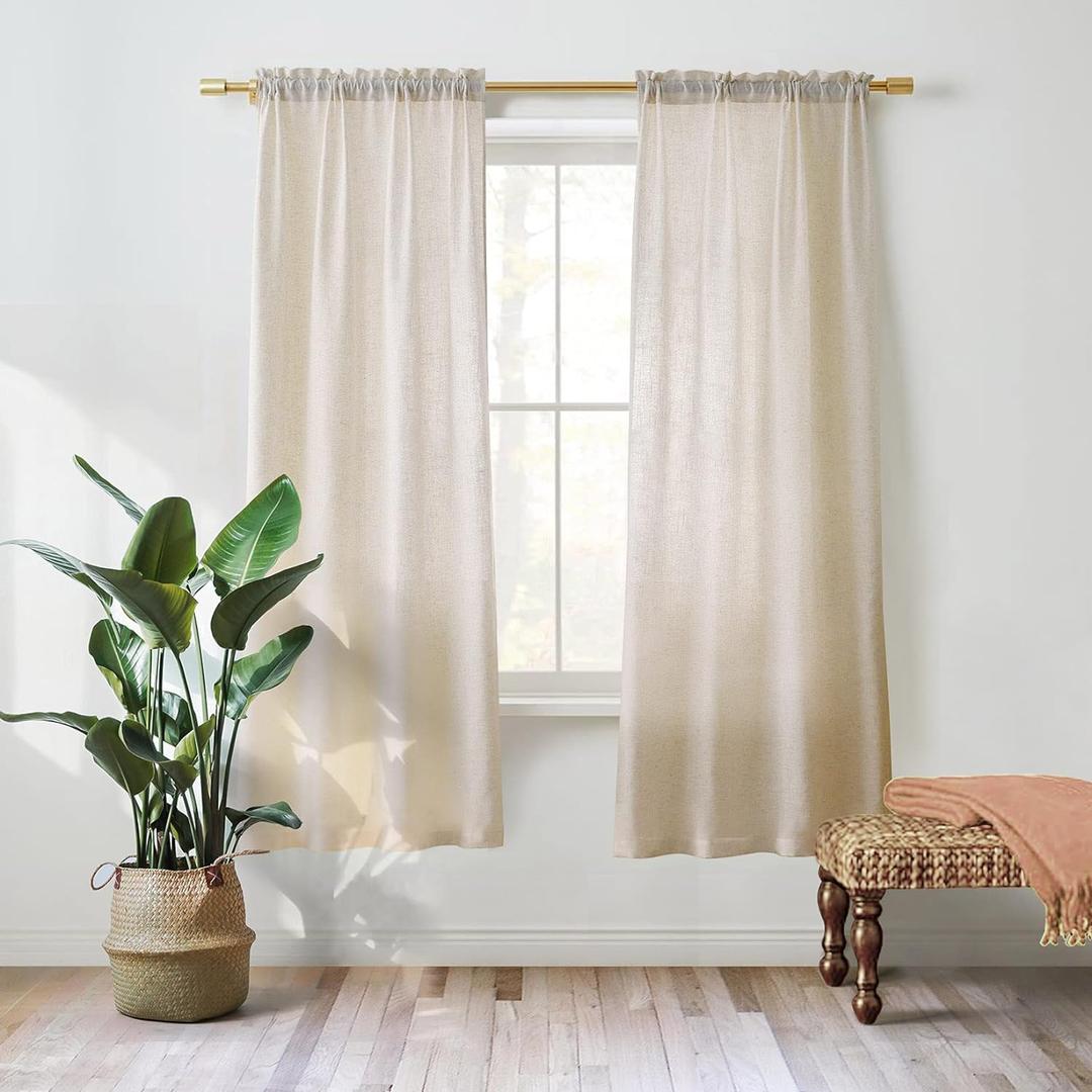 Valea Home Linen Curtains Panel 72 inch Long Light Filtering Rod Pocket Crude Drapes for Bedroom Living Room Farmhouse Window Treatment Panels, Natural, 1 Panel