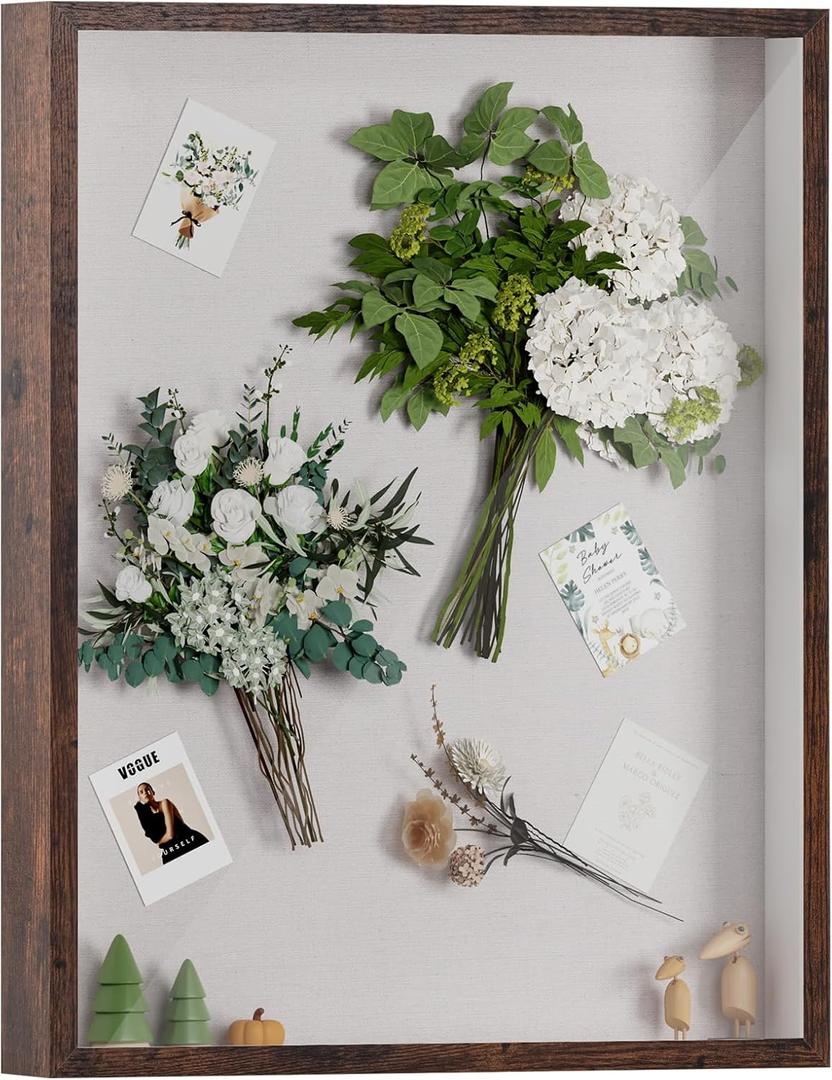 Muzilife 16x20 Shadow Box Frame in Honey Brown with MDF Wood Frame and Soft Linen Back, Large Shadow Box Display Case for Memorabilia, Photos,Flowers for Wall or Tabletop Display with 8 pins
