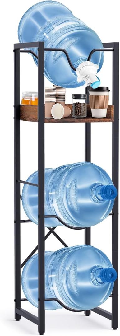 5 Gallon Water Bottle Jug Holder, Water Jug Stand with 55mm Water Dispenser Valve, Heavy Duty Water Bottle Storage Rack with Wooden Storage Tier for Kitchen, Home and Office
