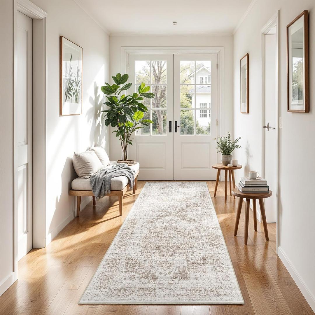 2x5 Hallway Washable Runner Rug: Machine Washable Kitchen Laundry Runner Vintage Non Slip Low-Pile Entryway Living Room Floor Mat Stain Resistance Indoor Floor Carpet for Entrance Living RoomBridge