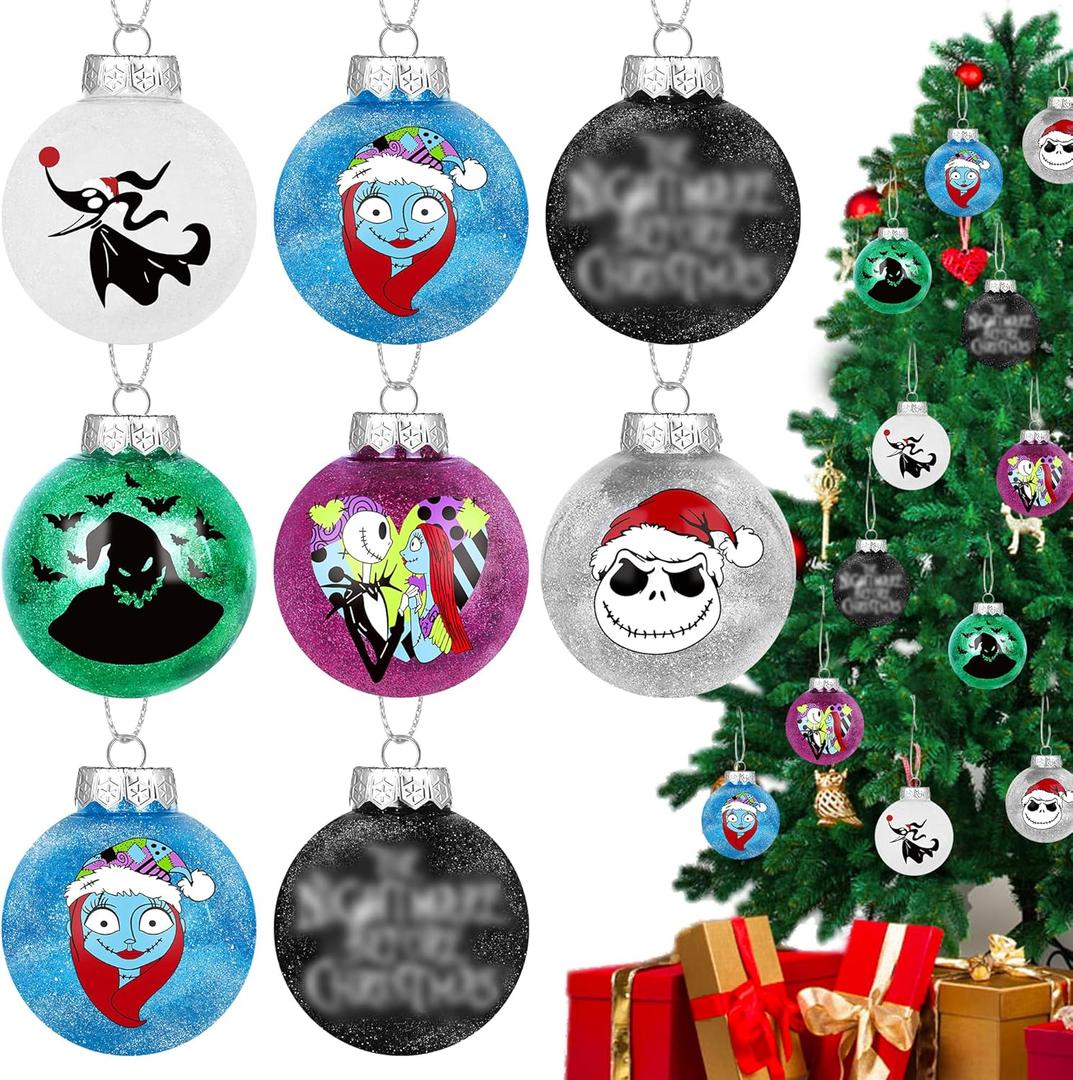 12PCS Halloween Christmas Night-mare Ornaments for Tree, Glitter 2.36'' Halloween Christmas Ball Ornaments Tree Decorations, Holiday Hanging Balls Baubles for Home Indoor Haunted House Party Decor