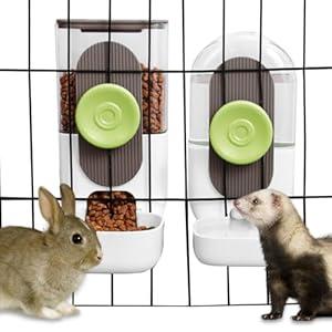 Lemtrflo Hanging Automatic Food Water Dispenser, Gravity Rabbit Feeder, Water Dispenser Food Bowl for Bunny Chinchilla Guinea Pig Hedgehog Ferret (White Brown)