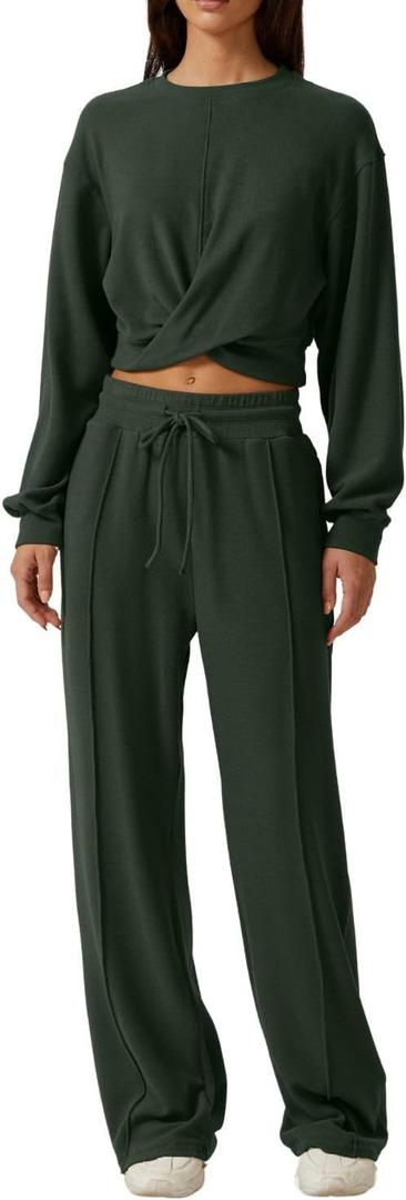 QINSEN Women 2 Piece Outfits Sweatsuit Set Twist Front Cropped Sweatshirt Wide Leg Sweatpant Lounge Set Tracksuit (Large, Forest Green)