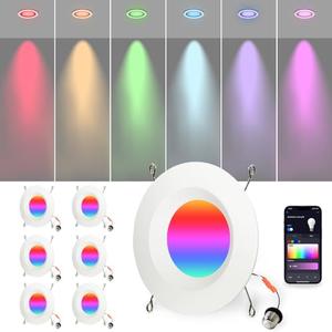 Aoketezm 6 inch Smart LED Can Lights Retrofit Recessed Lighting, RGB Color Changing WiFi&Bluetooth Downlight,13W 1050LM Bluetooth Shower Downlight, Compatible with Alexa,Google Home and Siri,6 Pack