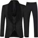 YFFUSHI Men's 3 Piece Suit Slim Fit Jacquard Tuxedo 1 Button Shawl Collar Blazer Vest & Pants for Wedding Formal Prom (XX-Large, Black)