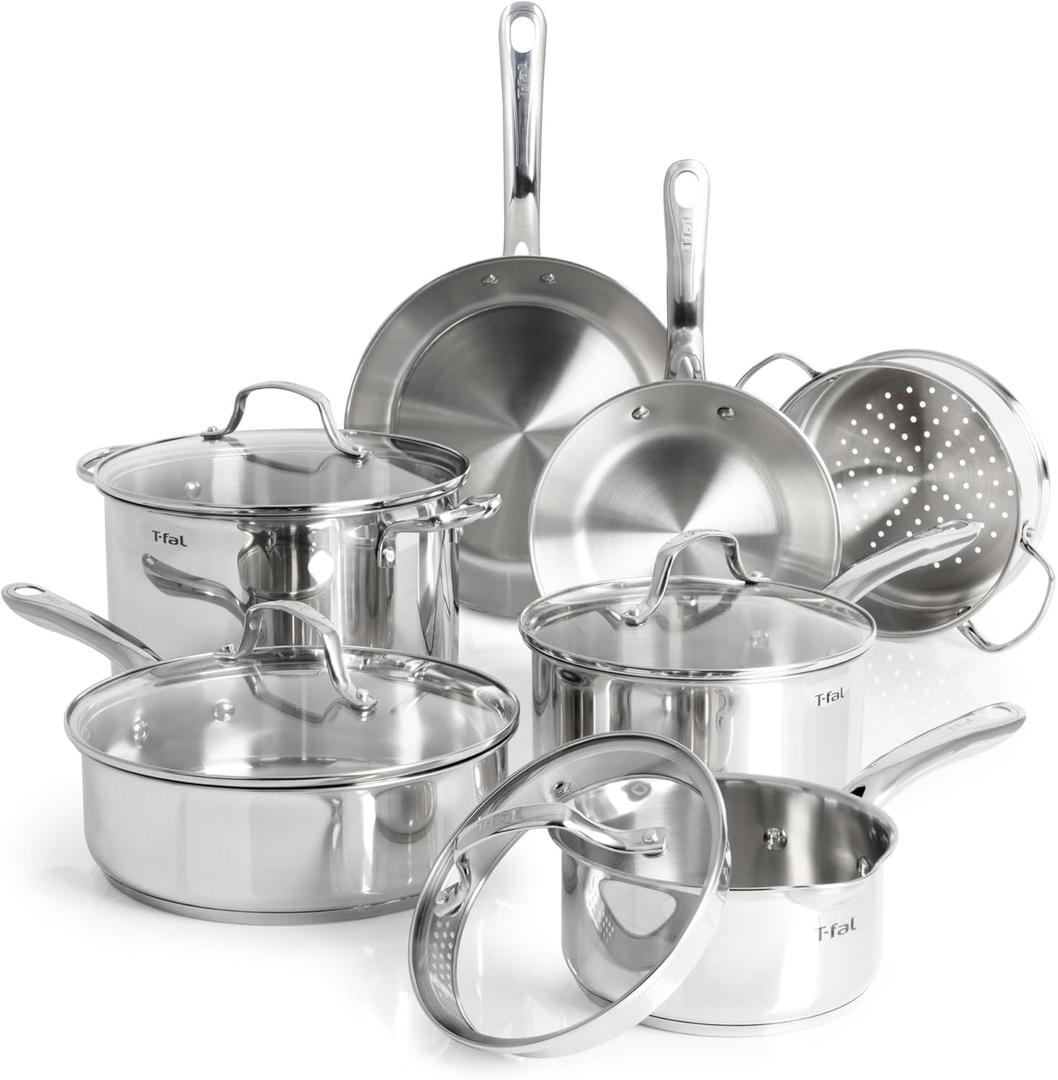 T-fal Stainless Steel Pots and Pans Set 11 Piece, Induction, Oven Broiler Safe 500F, Kitchen Cooking Set w/Fry Pans, Saucepans, Saute Pan, Dutch Oven, Steamer, Cookware, Dishwasher Safe, Silver