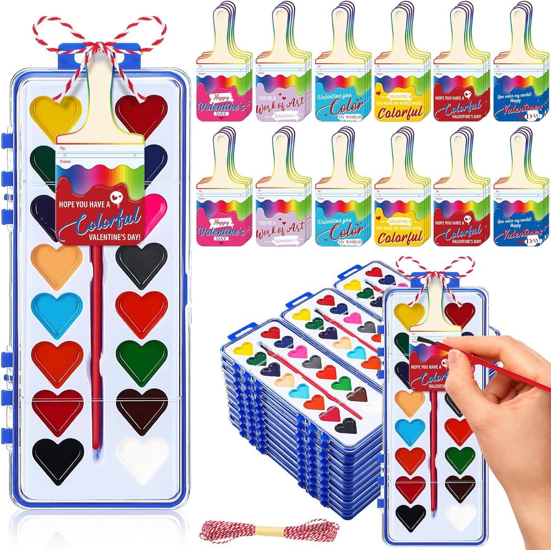 Patelai 48 Sets Valentine Watercolor Paint Set Valentines Cards with Watercolor Paint Bulk Cards Set for Party Exchange Gifts(16 Colors Style)