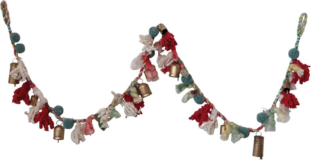 Creative Co-Op Handmade Wool and Cotton Blend Garland with Pom Poms and Metal Bells, Multicolor and Antique Gold Finish Creative Co-Op Handmade Wool and Cotton Blend Garland with Pom Poms and Metal Bells, Multicolor and Antique Gold Finish