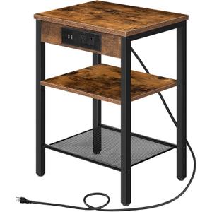 HOOBRO Side Table with Charging Station and USB Ports, Small End Table for Small Space, 3-Tier Nightstand with Adjustable Shelf, for Living Room, Bedroom and Balcony, Rustic Brown BF112BZ01
