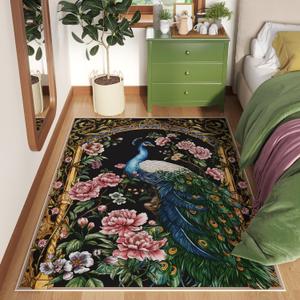Bedroom Rug 3x5 Rug Washable Area Rug Low Pile Floral Peacock Animal Small Carpet for Bedroom, Bedside, Kitchen, Entryway, Kids Room, Office, College Dorm(Black)