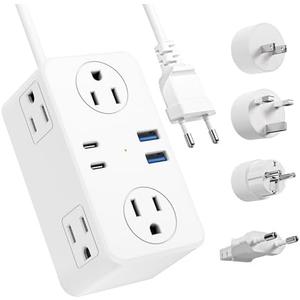 Kakyanill European Travel Plug Adapter, EU/UK/US Travel Plug Adapter Power Strip, 6 AC Outlets, 4 USB Ports (2 USB C), 3ft Wrapped Around Extension Cord, Universal Travel Adapter