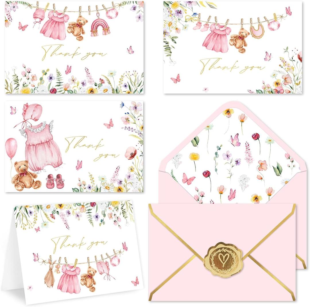 FYSUIMU 32 Pack Baby Shower Thank You Card Floral Pink Clothes Gold Foil Greeting Card Pink Wildflower Blank Note Cards with Envelope Sticker for Spring Party Supplies, 4 x 6 Inch