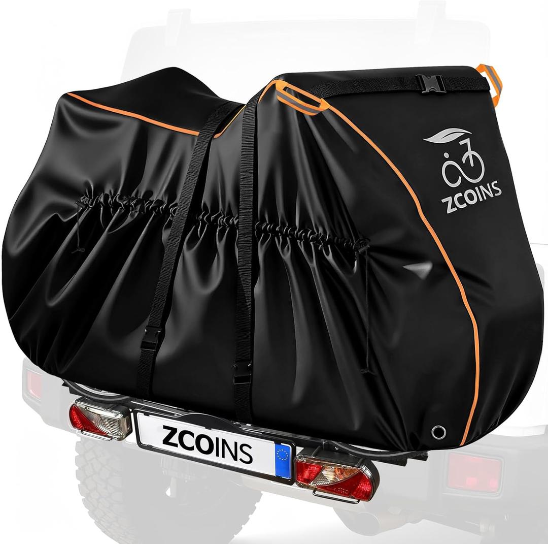 Bike Cover for Transport 2 Bikes On Rear Bike Rack, 600D Waterproof Heavy Duty Outdoor Ebike Bicycle Covers for Travel Car Hitch Storage with Lock Hole and Storage Bag