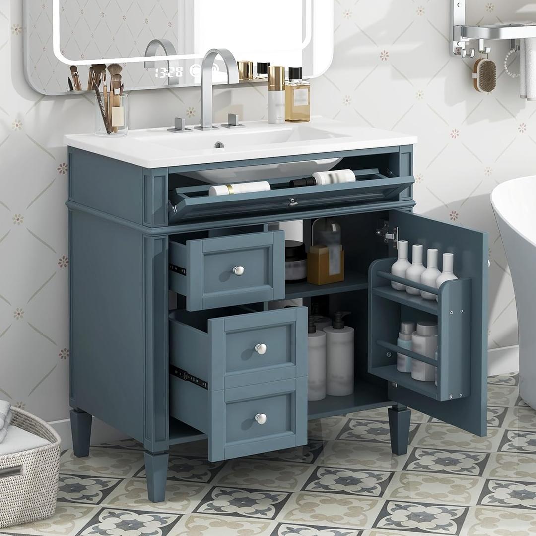 Merax 30'' Bathroom Vanity with Top Ceramic Sink, Modern Storage Cabinet with 2 Drawers and a Tip-Out Drawer, Single Bathroom Vanity, Blue