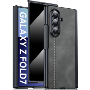 Oupeigar for Samsung Galaxy Z Fold 7 Case with Privacy Screen Protector, Hinge Protection, Wireless Charging, Ultra Thin Leather Matte PC Durable Shockproof Cover Phone Case for Fold 7-Light Gray