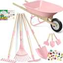 Qtioucp Kids Wheelbarrow Set with Gardening Tools Outdoor Backyard Garden Play for Toddlers Boys Girls 3-8, with Shovel, Rake, Leaf Rake, Easter Birthday Gifts (Pink Garden Set)