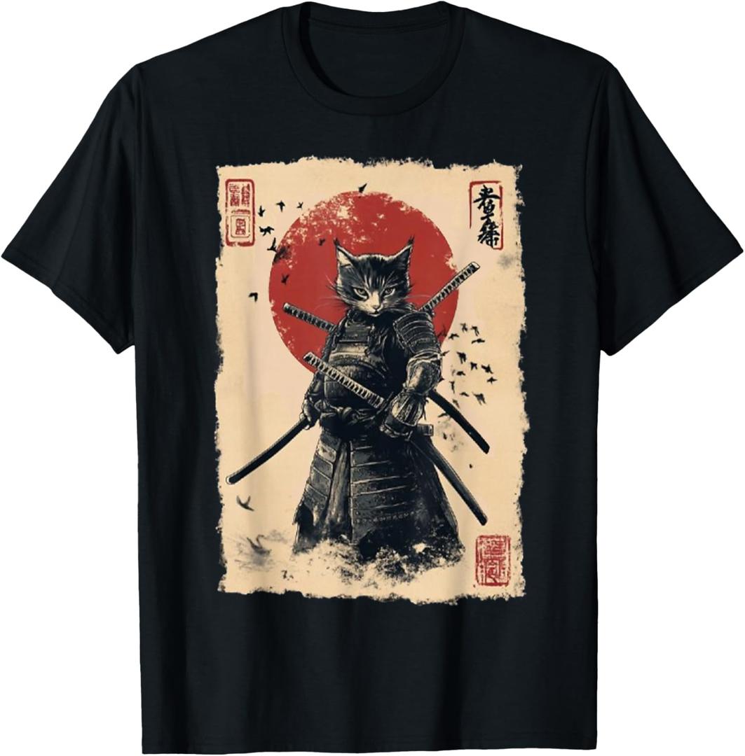 Vintage Japanese Art Anime Graphic Samurai cat Warrior T-Shirt, M