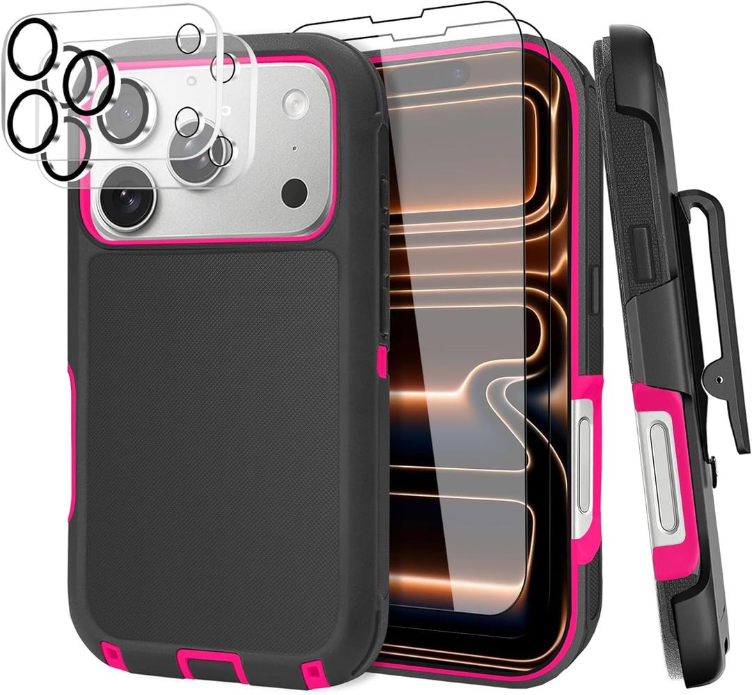 for iPhone 17 Pro Case (6.3"), with Belt Clip Holster and 2 Screen Protector+2 Camera Lens, Tough Durable, Military- Grade Shockproof Drop Protection, w 360Rotating Kickstand, Heavy Duty Cover-Black Rose