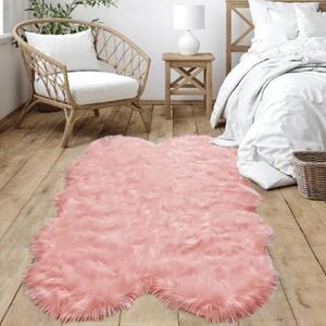 Goolela Pink Carpet for Girls Room Cute 4x6 Faux Fur Area Rug for Living Room Washable Shag Rug for Bedroom Dorm Fluffy Faux Sheepskin Rug Bedroom Decor, Sheepskin (3'11" x 5'11" (Cloud))