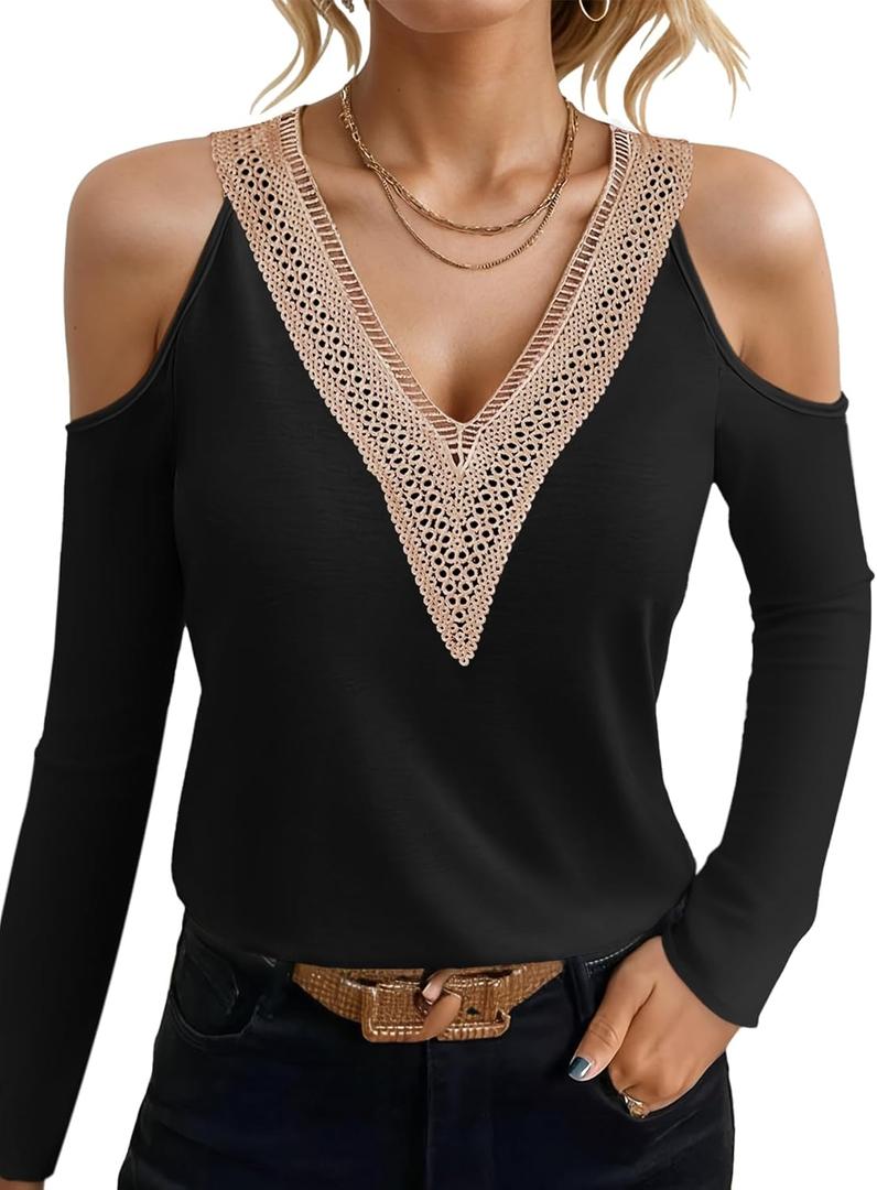Womens Cold Shoulder Tunic Tops, Lace Trim V Neck Blouse Sexy Hollow Long Sleeve Shirts Trendy Dressy Casual (Black)